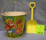 Vintage all tin child’s sand pail and shovel set