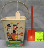 Vintage all tin child’s sand pail and shovel set
