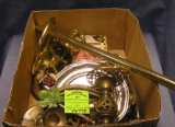 Large box full of vintage silverplate and brassware