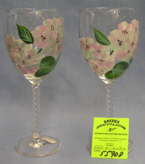 Pair of floral design stemware wine glasses