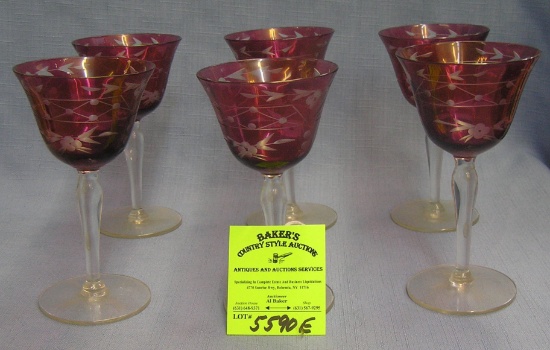 Italien etched cranberry stemware glass cordial glasses