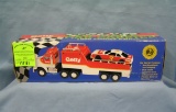 Vintage Getty toy race car and transport truck