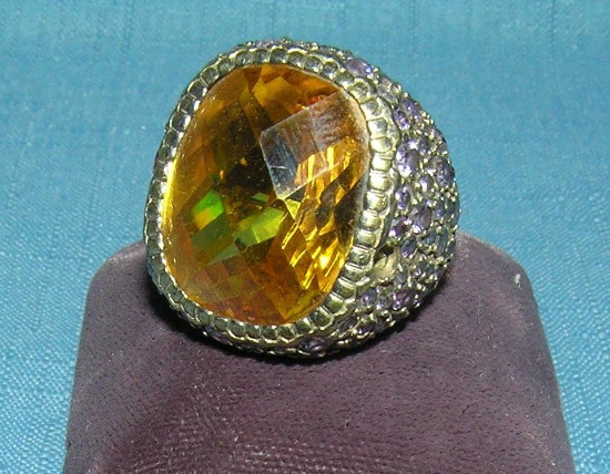 Large ring with sitrine center stone & small amethyst stone