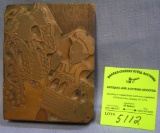 Antique copper on wood printing block of milk delivery man & young boy