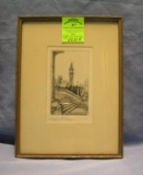 Antique original etching of the London Clock Tower
