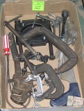Box of heavy duty c-clamps, wrenches and more