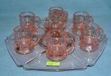 Depression Glass serving dish with shot glasses