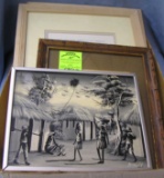 Box full of vintage picture frames some with artwork