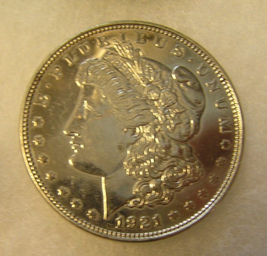 1921 Morgan silver dollar in uncirculated condition