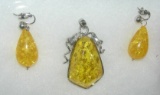 Yellow amber necklace pendant and earring set