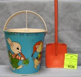 Vintage all tin child’s sand pail and shovel set