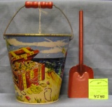 Vintage all tin child’s sand pail and shovel set