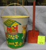 Vintage all tin child’s sand pail and shovel set