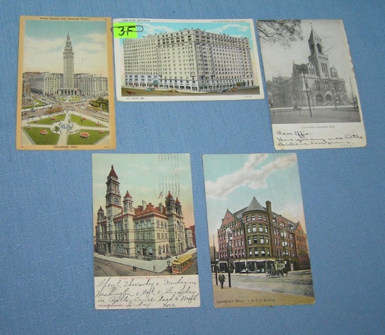 Group of early auto, trolley and horse drawn post cards