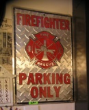 All metal fire fighter parking only display sign