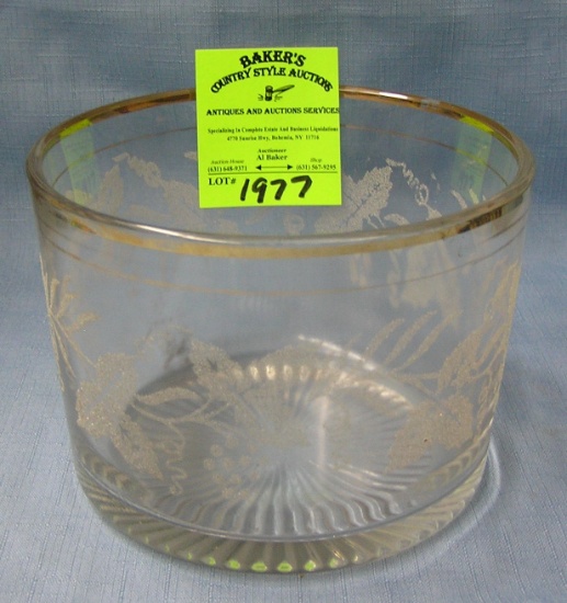 Antique etched glass serving bowl with gold trim