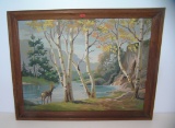 Painting on board landscape with deer and stream