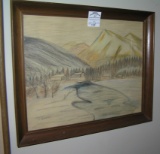 Vintage scenic art work, framed