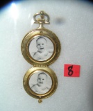 Pocket watch shaped double photo gold tone locket