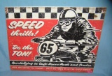 Speed thrills motorcycle racing retro style advertising sign