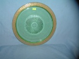 Large green Depression glass srving platter with gold trim