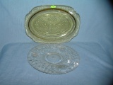 Pair of Depression glass serving platters and plate