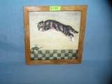 Artist signed playful cat decorated tile