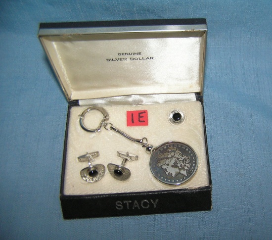 1899-O Morgan silver dollar key chain, cuff link and tie bar set