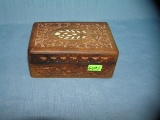 Bone inlaid hand carved wood jewelry/trinket box