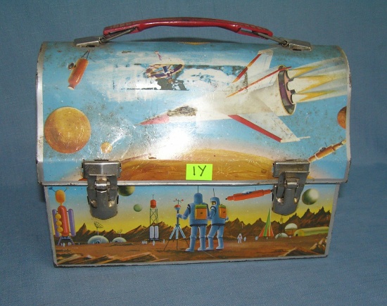 Early space themed domed shaped lunch box