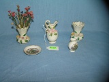 Hand painted porcelain vases and a souvenir dish