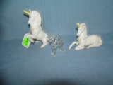Group of 3 porcelain and glass unicorns