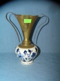 Holland sighned blue decorated vase with brass