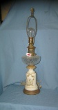 Antique crystal, porcelain and brass table lamp