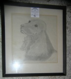 Dog pencil drawing artist signed dated 1972