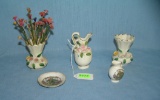 Hand painted porcelain vases and a souvenir dish
