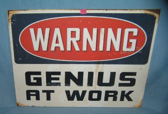 Warning Genius at work retro style advertising sign