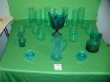 Collection of light and dark blue art glass