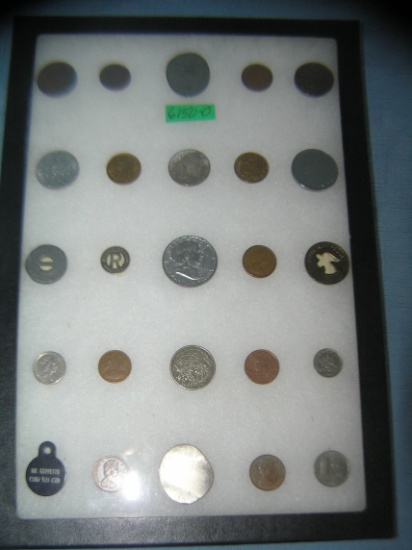 Collection of vintage coins, tokens, slugs and more