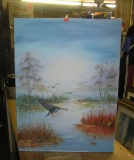 Duck and wildlife themed oil on canvas painting