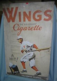 Large Wings cigarette baseball player themed retro style advertising sign mounted on masonite hard b