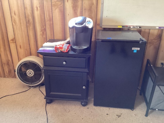 Mini Fridge, Keurig, Fan, End Table