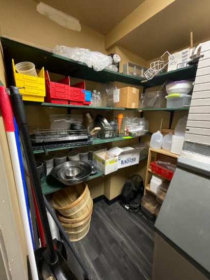 Various Kitchenware, Stainless Bowls, Brooms, Warming Plate, Fan