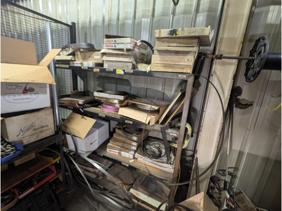 Shelf w/ Band Saw Blades, Grinding Wheels, C Clamps