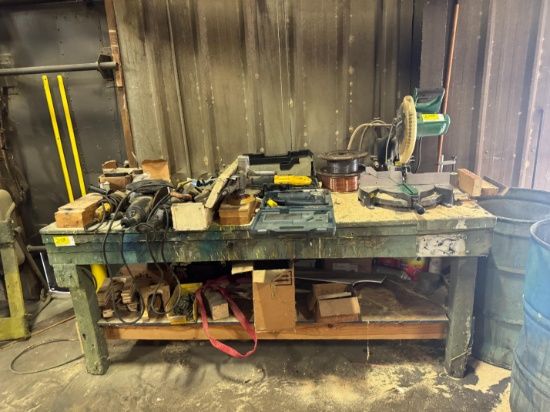 7' Work Bench W/ Contents- Saw Horses, Metabo Mitre Saw,