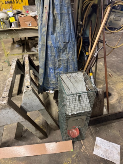 (2) Metal Saw Horses, Animal Trap, Brooms & Shovels