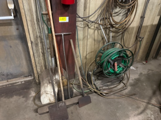 Shovel. brooms, Floor Scrapers, Hose Reel