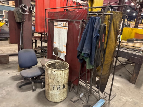 (5) Welding Curtains, Lifting Straps, Trash Barrel & (2) Chairs