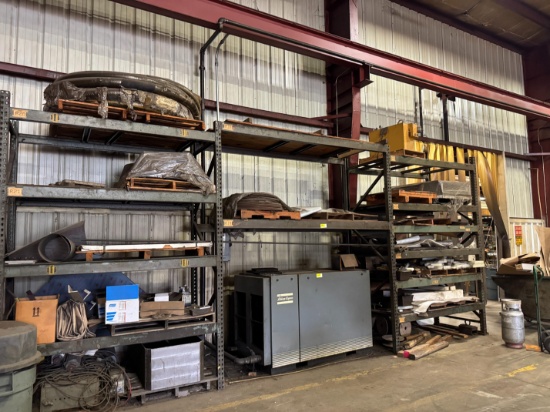 Pallet Racking W/ Contents -Hosing, Poly Material, Tank,