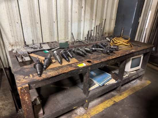 Table w/ Various Chucks, Air Hose, Bolts